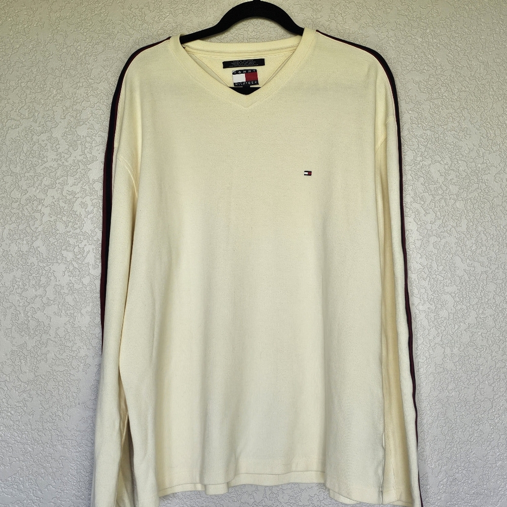 TOMMY HILFIGER MENS CREAM V NECK LS STRIPED SWEATER XL